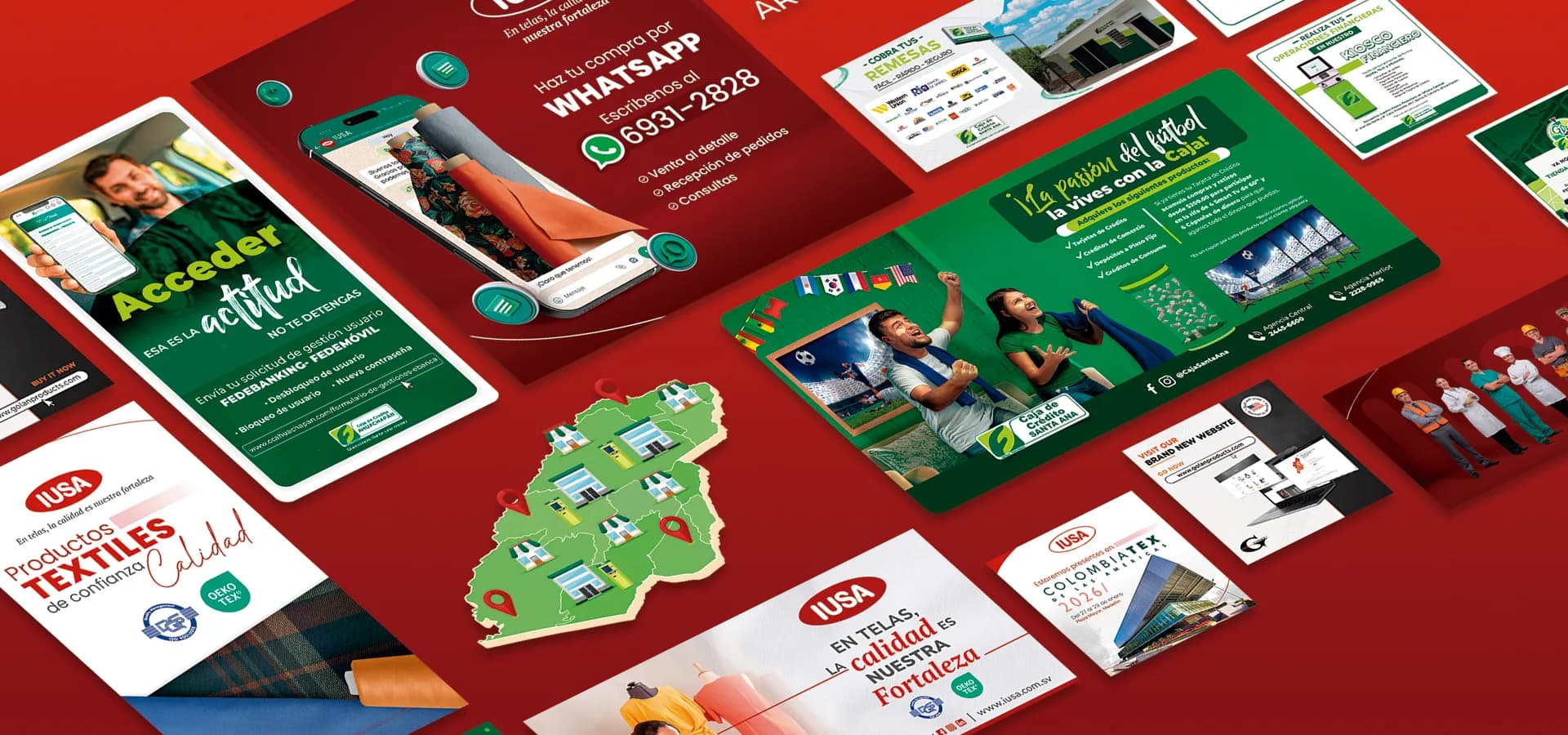 Collage of ARKAD design work across social media, print, and digital advertising